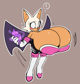 anthro big_breasts blush bodily_fluids breast_expansion breast_jiggle breasts clothing crystal exclamation_point expansion female gloves handwear huge_breasts hyper hyper_breasts jiggling solo surprised sweat sweatdrop wings klacket sega sonic_the_hedgehog_(series) rouge_the_bat bat mammal 2025 hi_res