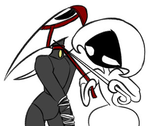 anthro arms_tied bdsm bondage bound cane collar dominant dominant_female duo female female/female holding_leash holding_object holding_weapon knife_to_throat leash leash_pull leashed_collar mask muzzle_(object) muzzled submissive submissive_anthro submissive_female weapon objectfucker hollow_knight:_silksong hollow_knight_(franchise) team_cherry hornet_(hollow_knight) lace_(hollow_knight:_silksong) arthropod insect