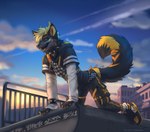 all_fours anthro black_sclera building canid canine canis claws clothing fluffy fluffy_tail footwear horn kneeling koul low-angle_view lyte male mammal open_mouth open_smile skate_park smile solo tail urban wolf