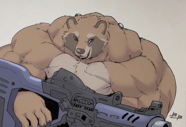 5_fingers anthro big_muscles brown_body brown_eyes brown_fur claws countershade_fur countershade_torso countershading deltoids finger_claws fingers front_view fur grey_background gun holding_gun holding_object holding_ranged_weapon holding_weapon huge_muscles humanoid_hands hyper hyper_muscles looking_at_viewer male male_anthro monotone_background multicolored_body multicolored_fur muscular muscular_anthro muscular_arms muscular_male open_mouth open_smile pecs ranged_weapon simple_background smile smiling_at_viewer solo tan_body tan_countershading tan_fur teeth trapezius weapon blueblaster guardians_of_the_galaxy marvel rocket_raccoon mammal procyonid raccoon digital_media_(artwork) half-length_portrait hi_res portrait shaded signature