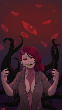 anthro black_tentacles breasts cleavage clothed clothing corruption eyes_in_darkness fangs female grin hair horn jacket monster_girl_(genre) multi_eye pink_body raised_arms red_eyes red_hair smile solo teeth tentacles topwear torn_clothing anonymous_artist lovecraftian_(genre) mythology sambal amphibian eldritch_abomination monster mythological_creature mythological_salamander mythological_scalie salamander scalie 4k 9:16 absurd_res hi_res
