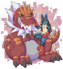 2_fingers 3_fingers 3_toes abstract_background ambiguous_gender anthro belly big_tail biped black_body black_claws black_fur blue_body blue_fur blush brown_body brown_scales brown_tail claws countershade_torso countershading duo eyes_closed feet feral fingers fur gloves_(marking) grey_belly grey_body grey_countershading grey_scales larger_male leg_markings long_tail male markings multicolored_body multicolored_fur multicolored_scales multicolored_tail neck_tuft nude one_eye_closed open_mouth orange_body orange_scales orange_tail petting red_body red_eyes red_fur scales simple_background sitting size_difference smaller_male smile snout socks_(marking) spikes tail tan_body tan_countershading tan_fur tan_tail teeth toe_claws toes tuft two_tone_tail wink yellow_body yellow_fur spidersnax nintendo pokemon canid canine dinosaur fossil_pokemon generation_6_pokemon mammal mega_evolution mega_lucario pokemon_(species) prehistoric_species reptile saurischian scalie theropod tyrantrum 2016 digital_media_(artwork) signature