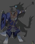 anthro armor biped clothed clothing flail fully_clothed furgonomics grey_background headgear helmet male medieval melee_weapon runes shield simple_background solo standing weapon wolfdawg canid canine canis mammal wolf hi_res