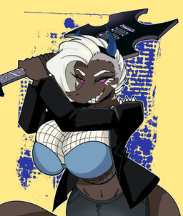 abstract_background anthro big_breasts black_clothing black_jacket black_topwear blue_bra blue_clothing blue_underwear bottomwear bra breasts brown_body brown_scales bulging_breasts clothing curvy_figure denim denim_bottomwear denim_clothing electric_guitar eyelashes fake_horns female fishnet_clothing fishnet_topwear guitar hair holding_guitar holding_musical_instrument holding_object huge_breasts jacket jeans leather leather_clothing leather_jacket leather_topwear long_hair long_tail looking_at_viewer musical_instrument navel pants plucked_string_instrument purple_eyes scales sharp_teeth smile snout solo string_instrument tail teeth topwear underwear voluptuous voluptuous_anthro voluptuous_female white_hair wide_hipped_anthro wide_hipped_female wide_hips spoopy's_art_slave witchpanda cavemanon_studios snoot_game fan_character vee_(veedway) dinosaur prehistoric_species reptile saurischian scalie theropod troodon troodontid 2024 absurd_res digital_drawing_(artwork) digital_media_(artwork) hi_res