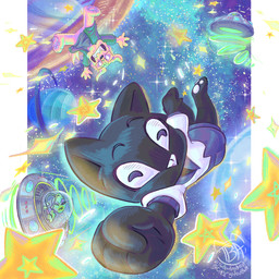 ambiguous_gender detailed_background galaxy space toony blorbo_slime alien canid canine domestic_cat felid feline felis mammal 1:1 detailed hi_res
