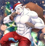 5_fingers abs anthro blush bottomwear bulge carrying_another carrying_over_shoulder christmas_clothing christmas_headwear christmas_tree clothed clothing disembodied_hand duo facial_piercing fingers fur grope hair hand_on_bulge hat headgear headwear holding_sack holidays horn humanoid_hands male muscular muscular_anthro muscular_male navel nipples nose_piercing nose_ring pants pecs piercing plant ring_piercing sack santa_hat septum_piercing smile solo_focus topless topless_male tree white_body white_fur white_hair gorillaprutt christmas ludwig_bullworth_jackson_(copyright) ludwig_bullworth_jackson bovid bovine cattle mammal 2020 digital_media_(artwork) hi_res portrait three-quarter_portrait