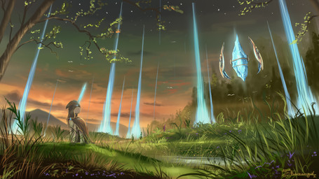 ambiguous_gender cloak clothing detailed_background feral fur grass grey_body grey_fur horn long_horn magic outside plant sky solo standing tree shamanguli blizzard_entertainment hasbro my_little_pony mythology starcraft fan_character equid equine mammal mythological_creature mythological_equine unicorn 16:9 2015 character_request hi_res widescreen