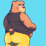 anthro belly black_nose blue_background blush bottomwear brown_body butt clothing male overweight overweight_male shirt shorts simple_background solo topwear spacepanda bear mammal 1:1 2023 hi_res