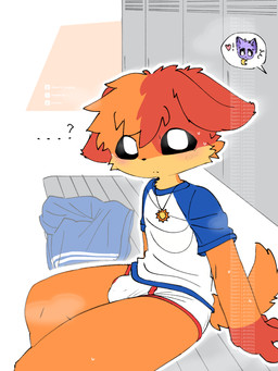 anthro bench black_eyes blue_bottomwear blue_clothing blue_outfit blue_shirt blue_shorts blue_topwear blush bodily_fluids bottomwear bulge clothed clothing colored_seam_underwear dialogue dog_tail duo fingers fur hair jewelry locker_bench locker_room looking_at_viewer male mouth_closed multicolored_body multicolored_fur musk necklace on_bench orange_body orange_fur pantsless purple_body purple_fur question_mark red_seam_underwear school_uniform shirt shorts shota simple_background sitting sitting_on_bench speech_bubble sweat sweatdrop tail topwear underwear uniform young young_anthro young_male bikabe3m mob_entertainment poppy_playtime smiling_critters catnap_(poppy_playtime) dogday_(poppy_playtime) canid canine canis domestic_cat domestic_dog felid feline felis mammal 2026 3:4 digital_media_(artwork) watermark