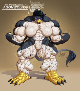 anthro avian_feet beak big_muscles black_hair breasts featureless_breasts featureless_crotch feet female fur growth hair huge_muscles hyper hyper_muscles multicolored_body multicolored_fur muscle_growth muscular muscular_female muscular_thighs nude pecs pecs_with_breasts purple_eyes solo tail tail_motion talons toes two_color_fur vein veiny_abs veiny_arms veiny_breasts veiny_muscles veiny_thighs agonwolfe charlotte_(charlottebirb) avian bird cel_shading hi_res shaded