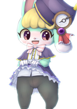anthro black_clothing black_legwear black_pantyhose blush bottomwear clothed clothing clothing_lift cosplay crossdressing femboy gloves handwear hat headgear headwear legwear male open_mouth open_smile pantyhose simple_background skirt skirt_lift smile solo white_background white_clothing white_gloves white_handwear young young_anthro bunnag animal_crossing cat_busters nintendo chrona_(cat_busters) sasha_(animal_crossing) lagomorph leporid mammal rabbit digital_media_(artwork) hi_res shaded adult_(lore)