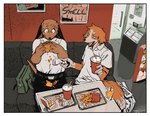 anthro bag belt clothing detailed_background duo food fries fur gloves_(marking) hair holding_food holding_object male male/male markings multicolored_body multicolored_fur open_mouth school_uniform sitting slightly_chubby stained_clothing tail tongue uniform mucknagabe smell_(mucknagabe) joseph_(mucknagabe) noi_(mucknagabe) canid canine canis domestic_dog herding_dog mammal pastoral_dog