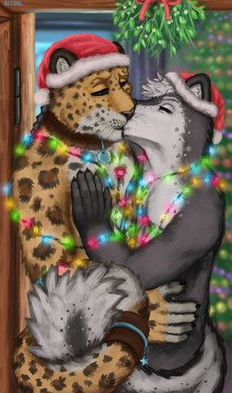 anthro clothing duo hat headgear headwear holidays inside kissing lights male male/male mistletoe plant standing gevual christmas santa_claus felid jaguar mammal mephitid pantherine skunk hi_res