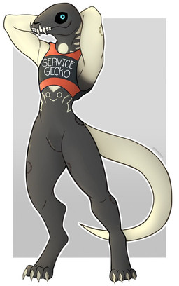 anthro bite_mark black_body blue_eyes claws clothing glowing glowing_eyes hands_behind_head male markings service_animal shirt solo tail tank_top teeth teeth_showing text text_on_clothing topwear doodlejuni umbra_(patrick_okottsu) humanoid krotch monster reptile scalie hi_res