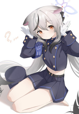 ahoge animal_ears bare_legs barefoot belt blue_bottomwear blue_clothing blue_hat blue_headwear blue_shirt blue_skirt blue_topwear blush bottomwear clothing cosplay ears_down feet female glistening glistening_hair gloves grey_hair hair hair_between_eyes halo handwear hat headgear headwear highlights_(coloring) kneeling long_hair navel orange_eyes pigtails pivoted_ears ribbons seiza shirt simple_background sitting skirt solo topwear white_background white_clothing white_gloves white_handwear cocokawa7 blue_archive nexon hikari_(blue_archive) kokona_(blue_archive) animal_humanoid humanoid absurd_res hi_res