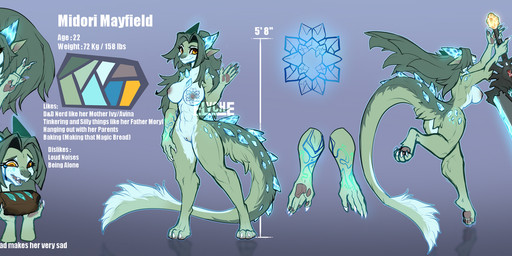 anthro breasts character_model female fluffy fluffy_tail fur genitals gesture green_body green_fur hair hand_gesture happy horn long_hair looking_at_viewer melee_weapon paws playful sword tail text tongue tongue_out weapon yellow_eyes conditional_dnp elvche 2024 digital_media_(artwork) english_text model_sheet
