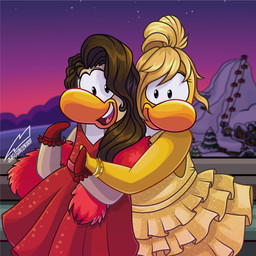anthro blonde_hair bracelet brown_hair clothing dress duo female gloves gold_(metal) gold_bracelet gold_jewelry hair handwear jewelry logo long_hair open_mouth outside purple_sky red_clothing red_dress red_gloves red_handwear sky sleeveless_dress sunset text upper_teeth_only yellow_body yellow_clothing yellow_dress yellow_skin relampago686 club_penguin avian bird penguin 1:1 artist_logo artist_name hi_res