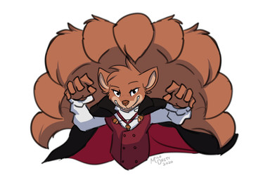 9_tails ambiguous_gender anthro black_cape black_clothing black_eyes brown_nose cape clothed clothing multi_tail simple_background smile solo tail white_background milodesty canid canine fox hybrid mammal rodent sciurid tree_squirrel vampire 2020 3:2