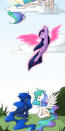 bodily_fluids cloud cutie_mark feathered_wings feathers female feral flying fur group hair horn multicolored_hair outside princess purple_body purple_fur purple_hair quadruped royalty sky sparkles sun tail tears two_tone_hair wings secret-pony friendship_is_magic hasbro my_little_pony mythology princess_celestia_(mlp) princess_luna_(mlp) twilight_sparkle_(mlp) equid equine mammal mythological_creature mythological_equine winged_unicorn 2013 hi_res