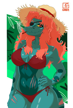 abstract_background anthro big_breasts bikini breasts claws clothed clothed_anthro clothed_female clothing eye_patch eyewear female finger_claws fingers front_view hair half-closed_eyes hat headgear headwear humanoid_hands logo long_hair looking_at_viewer markings narrowed_eyes non-mammal_breasts orange_hair pose red_bikini red_clothing red_eyes red_swimwear scar smile solo spots spotted_markings sun_hat swimwear teal_body text two-piece_swimsuit yellow_sclera garavakarian devlog:_a_post-modern_college_experience samantha_(devlog) aquatic dinosaur liopleurodon plesiosaur pliosaur prehistoric_species reptile scalie artist_logo artist_name colored half-length_portrait hi_res portrait shaded