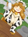 animal_print anthro big_breasts bikini blush breasts clothed clothing container cow_print depth_of_field dutch_angle female fur hair horn neck_tuft slightly_chubby smile solo swimwear tuft two-piece_swimsuit eringi bovid bovine cattle mammal hi_res portrait three-quarter_portrait