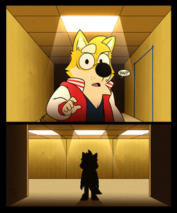 2_panel_comic 5_fingers anthro black_border black_nose blue_clothing blue_topwear border clothed clothing dialogue dim_lighting fingers fur jacket male name_drop name_in_dialogue silhouette solo speech_bubble standing topwear two_frame_image yellow_body yellow_fur gabshiba gab_(comic) the_backrooms gab_shiba canid canine canis domestic_dog mammal shiba_inu spitz 2026 comic digital_drawing_(artwork) digital_media_(artwork) hi_res