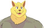 anthro biped brown_nose clothed clothing fur male muscular muscular_male open_mouth open_smile shirt simple_background smile solo teeth topwear white_background yellow_body yellow_fur daire301 hanna-barbera swat_kats chance_furlong domestic_cat felid feline felis mammal 2022 bust_portrait digital_media_(artwork) portrait