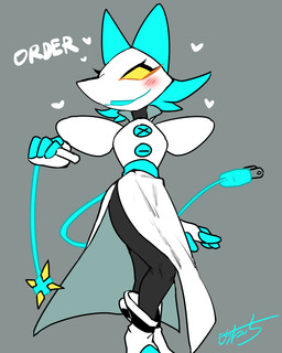 4_fingers anthro armor blue_hair blush boots clothing cord_tail dress female fingers floating_hands footwear hair heart_symbol machine pauldron power_cord shoes simple_background smile solo split_dress text tight_clothing whip white_body yellow_eyes mochi_taichi deltarune undertale_(series) tasque_manager darkner felid mammal robot 4:5 digital_media_(artwork) english_text hi_res