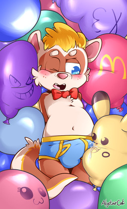 anthro balloon balloon_fetish belly blonde_hair blue_briefs blue_clothing blue_underwear blush bodily_fluids bow_tie briefs brown_body brown_fur cartoon_freckles cheek_tuft chest_tuft clothing colored_seam_underwear countershading cum cum_in_clothing cum_in_underwear cum_through_clothing cum_through_underwear facial_tuft freckled_face freckles fur genital_fluids hair hands_behind_back inflatable lying male navel on_back one_eye_closed open_mouth pink_nose print_balloon solo tenting tuft underwear wet wet_clothing wet_underwear whisker_spots white_body white_countershading yellow_seam_briefs yellow_seam_underwear young young_anthro young_male alystaircat mcdonald's nintendo pokemon float_(badipoki) domestic_ferret generation_1_pokemon gengar mammal mustelid musteline pikachu pokemon_(species) true_musteline weasel 2026 absurd_res hi_res adult_(lore)