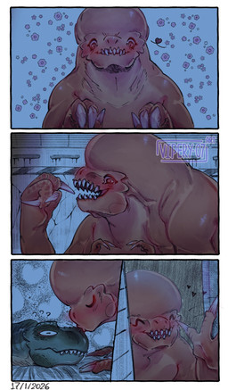 ambiguous_gender blush confusion duo feral gesture happy heart_symbol inside kissing love lying waving_goodbye vipery-07 jurassic_park jurassic_world jurassic_world:_rebirth universal_studios dinosaur distortus_rex prehistoric_species reptile saurischian scalie theropod tyrannosaurid tyrannosauroid tyrannosaurus tyrannosaurus_rex 2026 comic hi_res