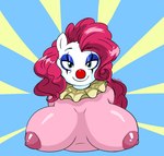 anthro big_breasts breasts clothed clothing clown clown_nose collar female hair huge_breasts looking_at_viewer makeup overweight pink_hair ruff_(clothing) smile solo topless freezietype friendship_is_magic hasbro my_little_pony pinkie_pie_(mlp) equid equine horse mammal bust_portrait portrait