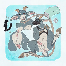 animal_mask anthro backsack balls chastity_cage chastity_device cloven_hooves ear_piercing genitals harness hoof_hands hooves horn leash male mask penis piercing pillow prostate_massager pup_mask rope rope_leash sex_toy short_tail smile solo tail tongue tongue_out vibrator ezilyn felilune thesphur_(thesphur) bovid caprine goat mammal 1:1 hi_res