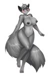 5_fingers 5_toes anthro areola arm_tuft barefoot big_breasts black_nose blush breasts cheek_tuft chest_tuft curvy_figure dark_areola dark_nipples elbow_tuft facial_tuft feet female fingers fluffy fluffy_tail freckled_face freckles fur genitals grey_areola grey_body grey_fur grey_hair grey_nipples hair innie_pussy legs_together navel nipples nude nude_anthro nude_female purple_eyes pussy shoulder_tuft simple_background smile solo tail toes tuft voluptuous voluptuous_anthro voluptuous_female white_background anonymous_artist chloe_(iamaneagle) canid canine canis mammal wolf 2020 hi_res