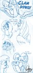 dialogue female text omny87 european_mythology friendship_is_magic greek_mythology hasbro my_little_pony my_little_pony:_the_movie_(2017) mythology princess_skystar_(mlp) silverstream_(mlp) avian bivalve clam hippogriff marine mollusk mythological_avian mythological_creature comic english_text hi_res monochrome sketch traditional_media_(artwork) cousins_(lore)