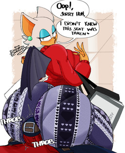 anthro anthro_focus assertive_female bat_wings big_breasts big_butt blue_eyeshadow bottomwear breasts bubble_butt butt clothing colored_nails erection erection_under_clothing eyeshadow faceless_character faceless_male female female_anthro female_focus flare_pants flirting genitals huge_butt imminent_sex lidded_eyes makeup male male/female membrane_(anatomy) membranous_wings mostly_offscreen_male nails on_lap pants panty_lines pattern_bottomwear pattern_clothing pattern_pants penis rear_view seductive shopping_bag sitting_on_lap sweater talking_to_viewer text thick_thighs throbbing throbbing_penis tight_bottomwear tight_clothing tight_pants topwear wings thedorodaddy forbidden_pants meme_clothing sega sonic_the_hedgehog_(series) rouge_the_bat bat mammal 2025 absurd_res digital_media_(artwork) english_text hi_res meme