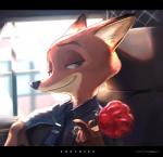 anthro black_bars clothed clothing food fur holding_food holding_object holding_popsicle male pawpsicle police police_uniform popsicle solo uniform gidora_(artist) disney zootopia nick_wilde canid canine fox mammal red_fox true_fox 2018 hi_res letterbox