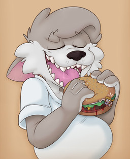 anthro belly burger clothing duo female food fur grey_body grey_fur imminent_vore male micro overweight shirt topwear white_clothing white_shirt white_topwear denaturedalbumin domestic_cat felid feline felis human mammal 2021 hi_res