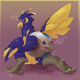 after_transformation ambiguous_gender anthro bent_over black_sclera blush breath clothed clothing dialogue diaper diaper_only diaper_transformation duo explicitly_stated_consent feathers feces feet hand_on_ground kneeling looking_back on_one_knee pooping pupils soiled_diaper speech_bubble tail tail_feathers talking_to_another talons toes topless unclean_diaper used_diaper using_diaper wearing_diaper white_pupils winged_arms wings puffybuttcorgi fjorzek214 animate_inanimate avian bird diaper_creature scalie 2025 hi_res