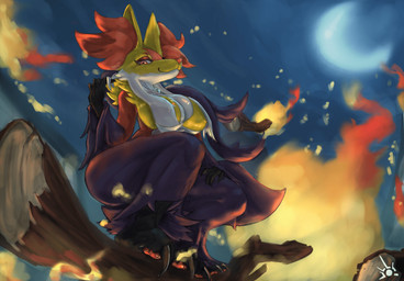 anthro breasts crouching female female_anthro looking_down night solo olwnout nintendo pokemon pokemon_legends_z-a generation_9_pokemon mega_delphox mega_evolution pokemon_(species) absurd_res hi_res