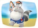 anthro beach belly bottomwear clothing fur grey_body grey_fur hat headgear headwear humanoid_hands male one_eye_closed overweight overweight_anthro overweight_male seaside shorts solo water wink oliverkinter rocky_ramos mammal procyonid raccoon 2019 4:3 hi_res