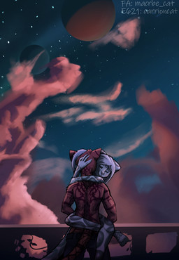 anthro duo looking_away rear_view sex standing standing_sex sunset tattoo carrioncat microsoft the_elder_scrolls felid khajiit mammal pantherine snow_leopard absurd_res hi_res