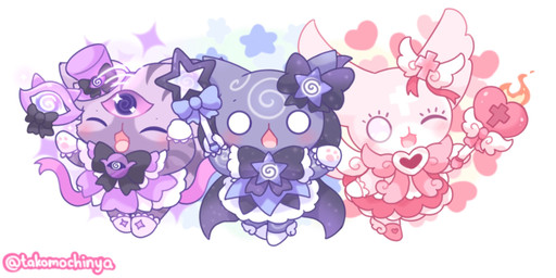 3_eyes anthro blue_body blue_fur blush cape chibi clothing cross female frilly frilly_clothing fur gloves group handwear head_markings magic_wand magical_girl_outfit markings multi_eye one_eye_closed open_mouth pink_body pink_fur purple_body purple_fur ribbons simple_eyes smile striped_body striped_fur stripes tongue tongue_out trio nakimayo mewgenics alice_(mewgenics) lucy_(mewgenics) marshmallow_(mewgenics) domestic_cat felid feline felis mammal 2:1 hi_res