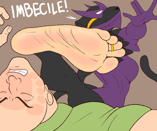 5_toes anthro black_body black_fur blush body_blush breasts clothed clothing digit_ring duo feet female foot_blush foot_focus fur humanoid_feet jewelry male mask plantigrade ring side_boob soles text toe_ring toes violence conditional_dnp zp92 anon ms._renee_l'noire felid mammal pantherine 2017 digital_media_(artwork) english_text hi_res