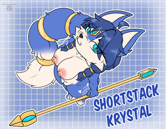 ahoge anthro areola big_breasts black_nose blue_background blue_body blue_eyes blue_fur blue_hair breasts cheek_tuft dipstick_tail facial_tuft feet female front_view fur genitals hair holding_object holding_staff looking_at_viewer markings nipples nude pattern_background pink_areola pink_nipples shortstack simple_background smile solo staff tail tail_markings text thick_thighs tuft vulva white_body white_fur wide_hips linyxart nintendo star_fox krystal_(star_fox) canid canine fox mammal hi_res
