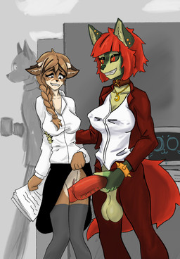 anthro balls big_balls big_penis brown_body brown_fur bystander cactus choker collar computer computer_monitor duo_focus ear_piercing electronics female fur genital_piercing genitals green_body green_fur group gynomorph gynomorph/female hair humanoid_genitalia humanoid_penis intersex intersex/female jewelry multicolored_body necklace office office_clothing penis penis_piercing piercing plant public public_nudity red_eyes red_hair simple_background teasing teasing_with_penis trio unprofessional_behavior vaginal vulva treeshme voices_of_the_void kerfur_(votv) felid feline humanoid hybrid hyena mammal absurd_res colored hi_res