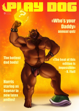 ?_block anthro areola armpit_hair balls beard biceps biped body_hair bracelet brown_body brown_fur clothing cosplay ear_piercing ear_ring facial_hair feet foreskin fur genitals glans hair humanoid_genitalia humanoid_penis jewelry male musclegut muscular muscular_anthro muscular_male muscular_thighs mustache nipple_piercing nipple_ring nipples open_mouth open_smile partially_retracted_foreskin pecs penis piercing plantigrade pose quads ring_piercing shell smile solo spiked_bracelet spikes step_pose teeth text thick_thighs thong tongue underwear blueteaa mario_bros nintendo bowser henry_harris_baxter bear mammal 2025 cover digital_media_(artwork) english_text hi_res magazine_cover pinup