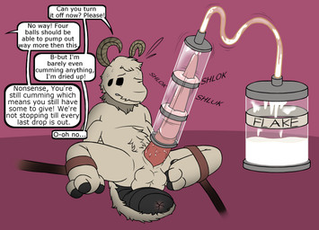 4_arms 4_balls anthro arms_tied balls bodily_fluids bound cum cum_tank dialogue excessive_cum excessive_genital_fluids genital_fluids genitals laid_back legs_tied long_penis male multi_arm multi_balls multi_genitalia multi_limb penile penis penis_milking penis_milking_machine solo spread_legs spreading sweat text mikey6193 flake_(mikey6193) arthropod insect lepidopteran moth english_text hi_res