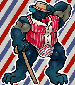 4_fingers anthro balls_outline barazoku belly big_bulge biped blue_body blush blush_lines body_hair bow_tie bulge cane claws clothing collared_shirt dancing detailed_bulge dress_shirt eyeless feet fingers genital_outline hand_on_hat hat headgear headwear holding_cane holding_object horn jockstrap male musclegut muscular muscular_anthro muscular_male overweight overweight_anthro overweight_male pattern_background pose shirt shoulder_hair simple_background smile solo striped_background striped_jockstrap text toe_claws topwear underwear yellow_body maltus_vandrel microsoft minecraft mojang xbox_game_studios fan_character warryn_(trick_rex) warden_(minecraft) absurd_res digital_drawing_(artwork) digital_media_(artwork) english_text hi_res