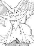 anthro biped black_body black_fur bodily_fluids constricted_pupils ejaculation female flat_chested fur genital_fluids genitals pupils pussy pussy_ejaculation small_pupils solo standing stare stick thick_thighs vaginal_fluids wide_eyed wide_hips shiroepsilon nintendo pokemon braixen generation_6_pokemon mammal pokemon_(species) 2014 digital_media_(artwork) monochrome sketch