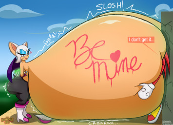 anthro big_breasts big_butt blue_eyeshadow boots breast_expansion breasts butt butt_expansion chaos_emerald clothing duo expansion eyebrows eyelashes eyeshadow female footwear gem hair high_heeled_boots high_heels huge_breasts hyper hyper_breasts makeup male shoes text white_hair rampageguy sega sonic_the_hedgehog_(series) knuckles_the_echidna rouge_the_bat bat echidna mammal monotreme 2025 artist_name dated english_text hi_res url